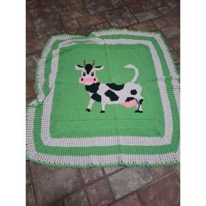 Handmade Crochet Cow Baby Blanket Green White Scalloped Edge Nursery 48x48